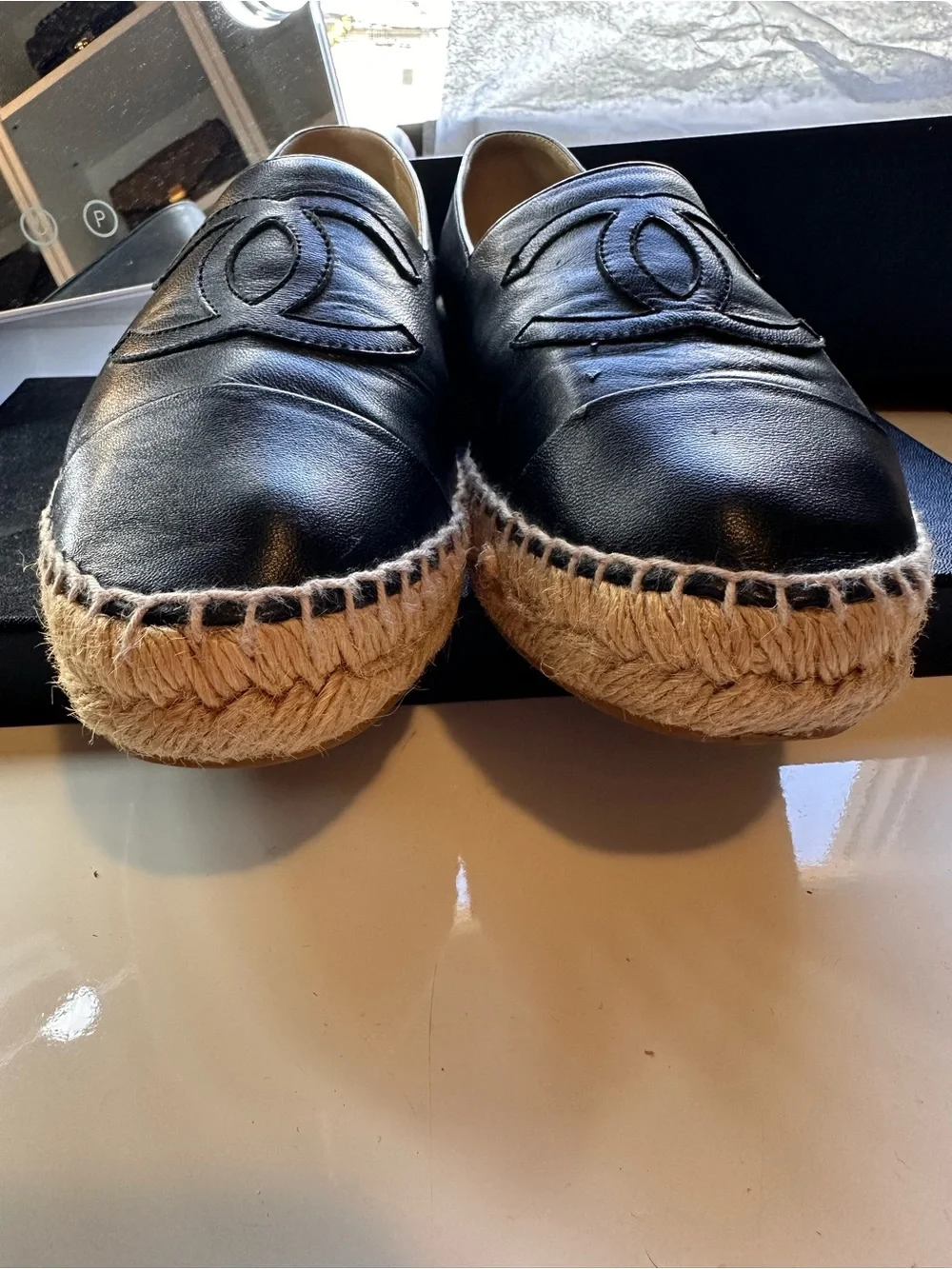 CHANEL Black Leather Espadrille Flats with Interlocked CC